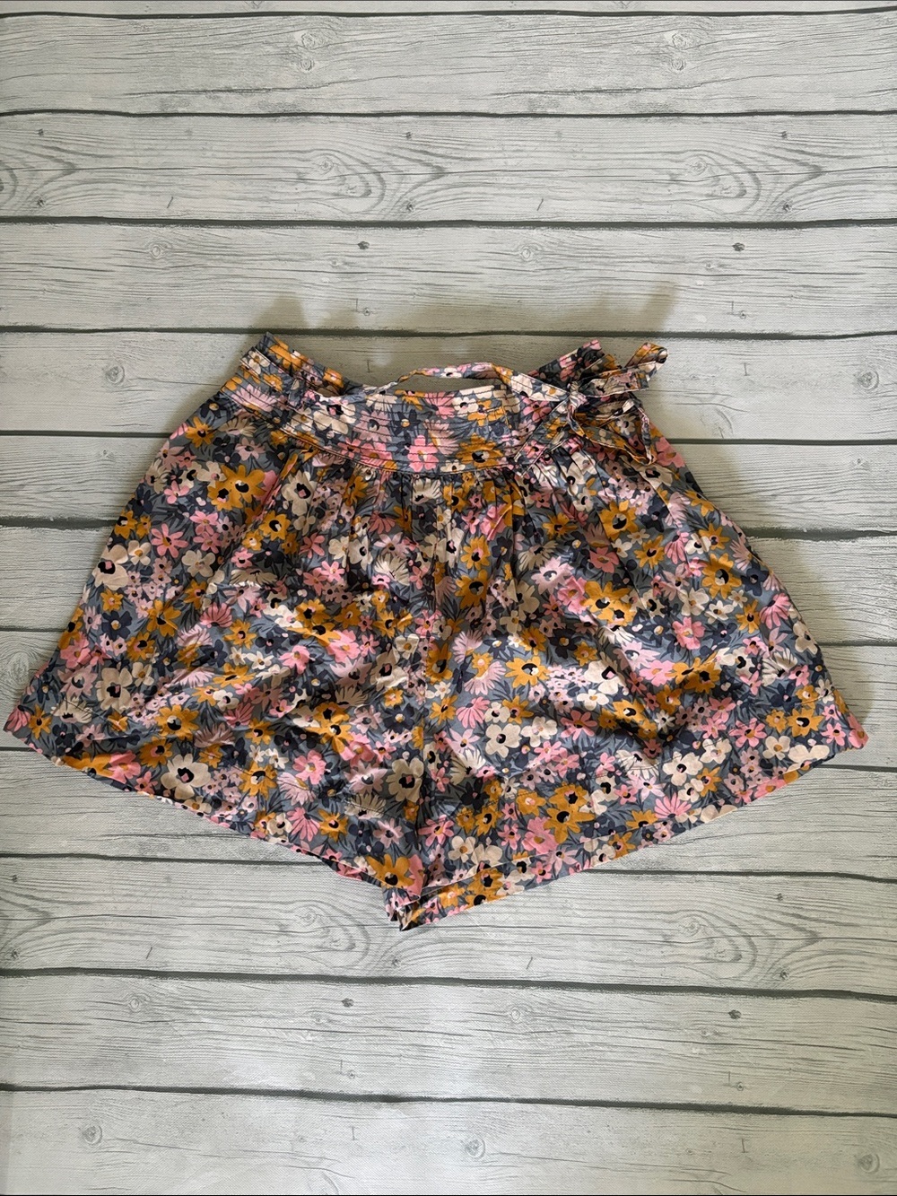 Olivaceous Floral Tie-Waist High Waist Shorts - Pink, Mustard, Cream & Gray